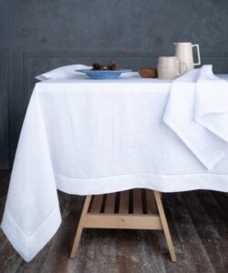 d'moksha homes white tablecloth 60 x 144 inch, 100% pure linen tablecloth, 144 inch tablecloth, summer tablecloth, rectangle tablecloth for spring, long tablecloth - machine washable - hemstitch