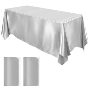 MCEAST 2 Packs Satin Tablecloth 102 x 58 Inches Rectangular Table Overlay Cover Bright Silk Tablecloth Smooth Fabric Table Decor for Wedding Banquet Table Decoration (Silver)