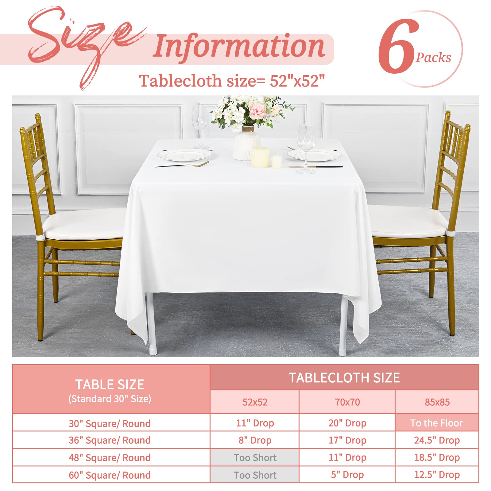 6 Pack Square Tablecloth 52 x 52 Inch White Square Table Cloth,Stain and Wrinkle Resistant Washable Polyester Table Clothes Decorative Fabric Table Cover for Wedding Dining kitchen Parties Card Table