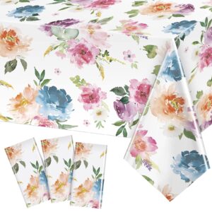 3 pieces spring summer floral table cover watercolor wild flowers tablecloth plastic floral tablecloth for easter, dining kitchen room picnic camping party holiday decor, 54 x 108 inch, colorful