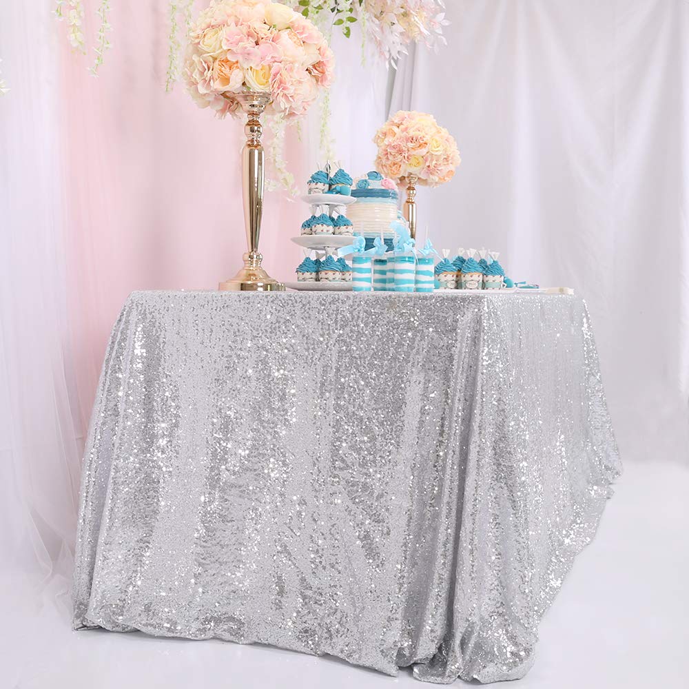 BalsaCircle Sequin Rectangular Silver Sequin Tablecloth 60-Inch by 102-Inch