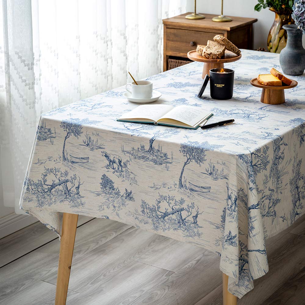 GLORY SEASON Rustic Tablecloth Classic French Village Printed Linen Fabric Table Cover Farmhouse Decoration 55x84 Inches Rectangle/Oblong Blue for Kitchen Dining