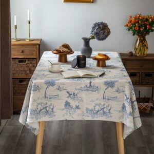 GLORY SEASON Rustic Tablecloth Classic French Village Printed Linen Fabric Table Cover Farmhouse Decoration 55x84 Inches Rectangle/Oblong Blue for Kitchen Dining