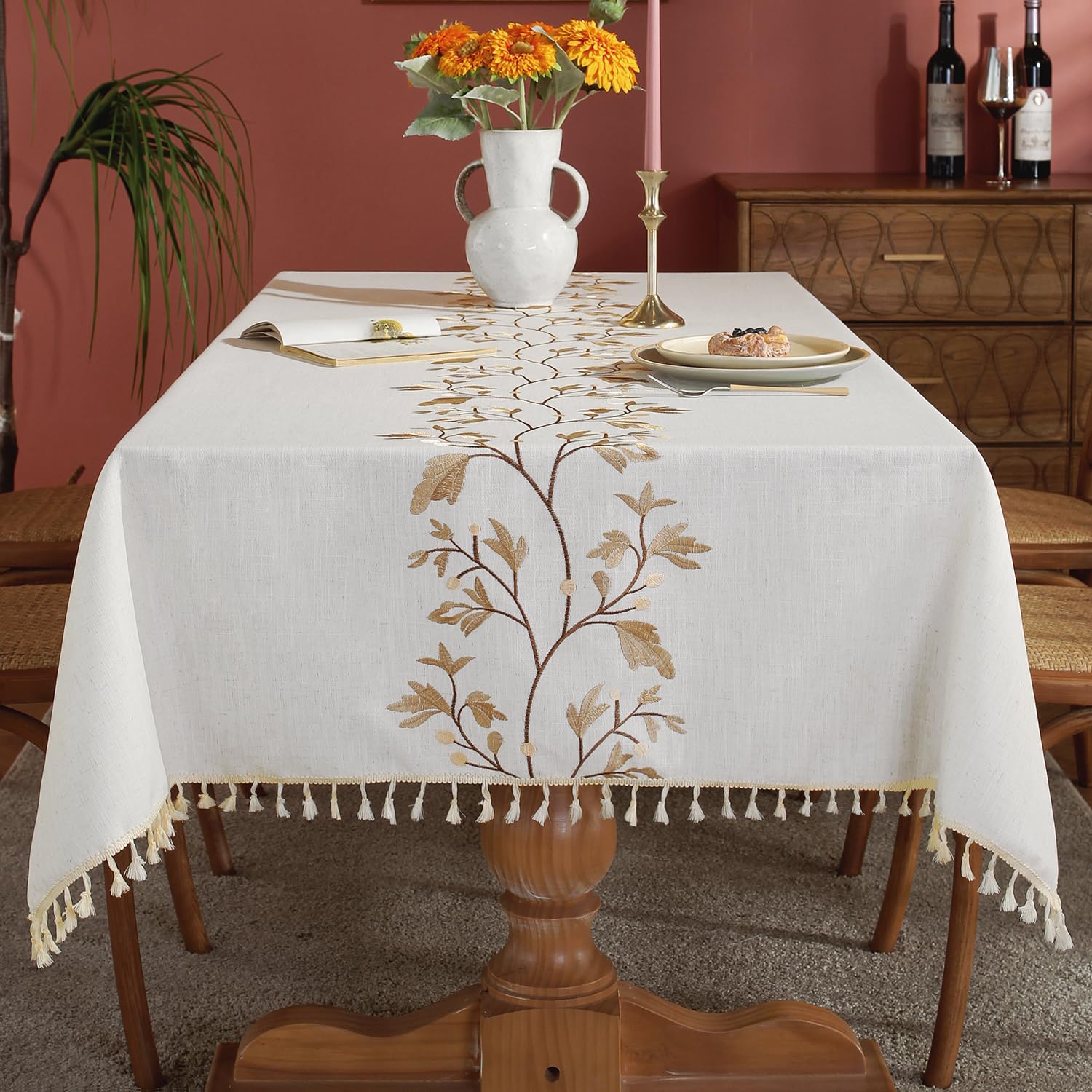 Laolitou Cotton Linen Waterproof Tablecloth for Dining Table Farmhouse Kitchen Rectangle Table Cloth Coffee Wrinkle Free Table Cover, Beige, Coffee Flower, 55x55 Inch