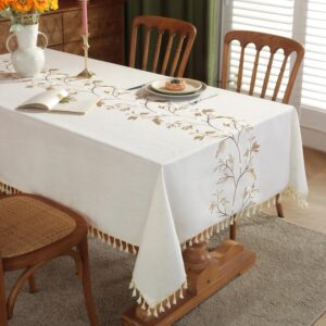 Laolitou Cotton Linen Waterproof Tablecloth for Dining Table Farmhouse Kitchen Rectangle Table Cloth Coffee Wrinkle Free Table Cover, Beige, Coffee Flower, 55x55 Inch