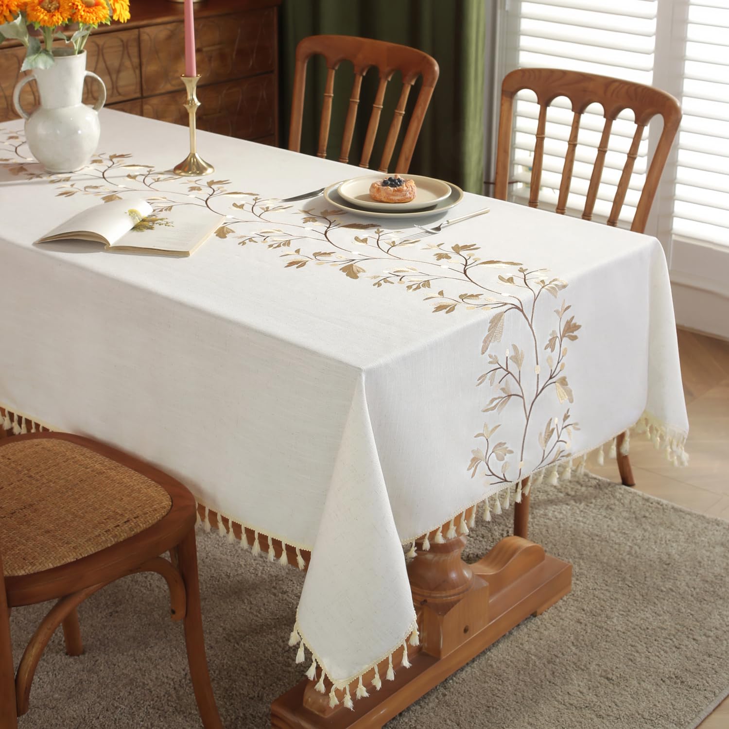 Laolitou Cotton Linen Waterproof Tablecloth for Dining Table Farmhouse Kitchen Rectangle Table Cloth Coffee Wrinkle Free Table Cover, Beige, Coffee Flower, 55x55 Inch