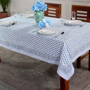 CPC Tablecloth 100% Cotton 80x120 Inch Indian Block Print Rectangle Table Cover, Dining, Buffet Parties & Wedding Use- Apatite Blue 12-Seater