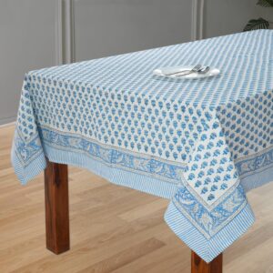 CPC Tablecloth 100% Cotton 80x120 Inch Indian Block Print Rectangle Table Cover, Dining, Buffet Parties & Wedding Use- Apatite Blue 12-Seater
