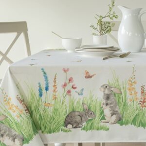 benson mills bunny meadow easter heavyweight fabric tablecloth, spillproof indoor/outdoor spring and easter table cloth (60" x 84" rectangular, bunny meadow)