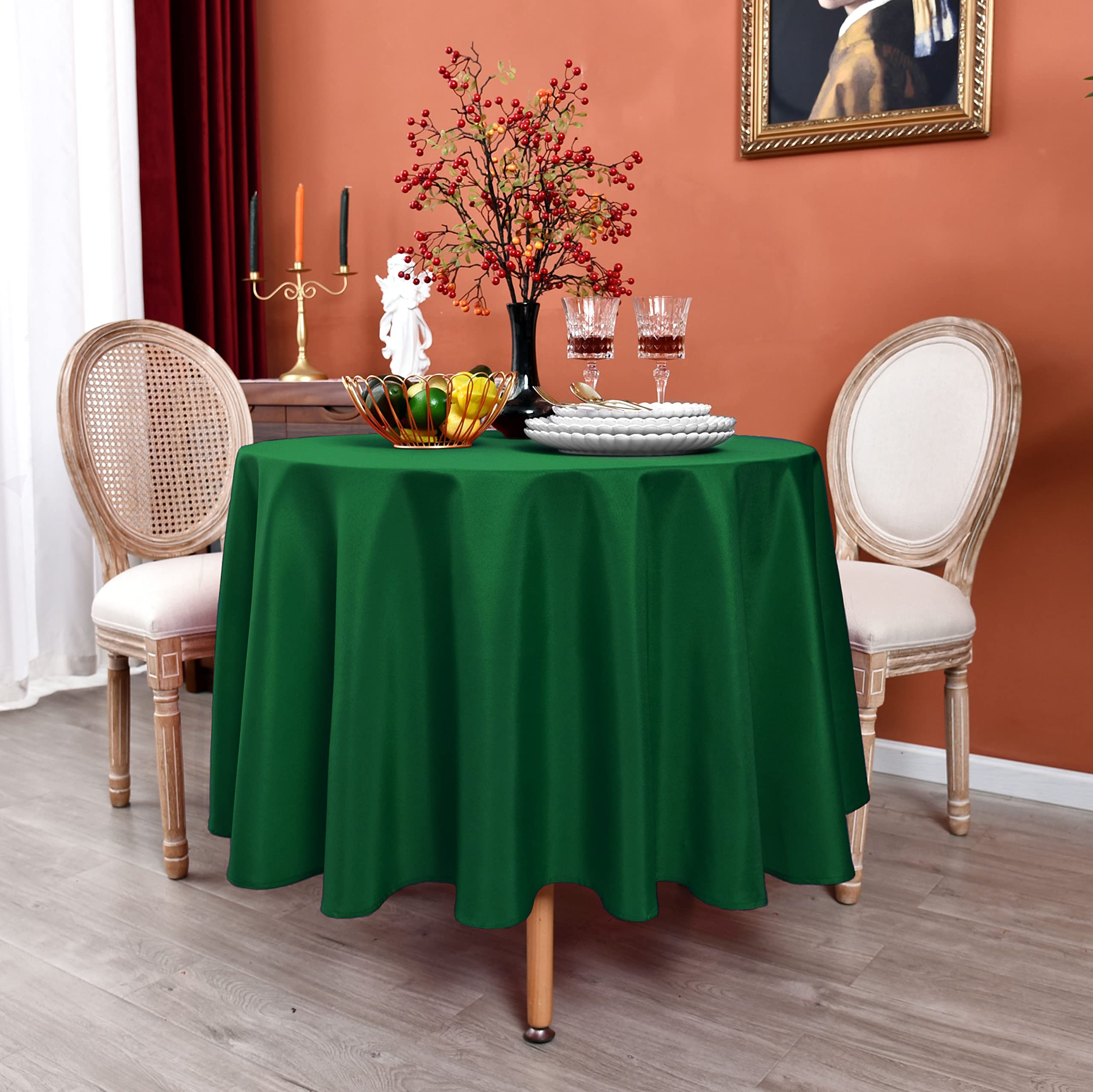 MEANMOY Green 210 GSM Water & Stain Resistant Round Tablecloth for Circle Table - Solid 48 Inch Table Cloth Cover in Wrinkle Free Durable Washable Polyester Fabric for Wedding, Party, Banquet, Dinner