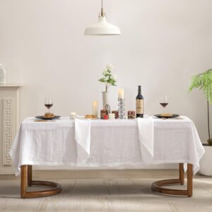 EVERLY Pure Linen Hemstitch Tablecloth,100% Stonewashed French Linen tablecloths for Kitchen Dining Rectangle Tables,60x108Inch Machine Washable Christmas Thanksgiving Organic Tablecloth-White