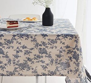 wracra cotton linen vintage tablecloth pastoral floral rustic table cloth washable table cover for indoor&outdoor, farmhouse decor, picnic,tabletop decoration (blue floral, square 55"×55")