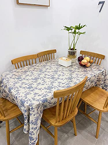 Wracra Cotton Linen Vintage Tablecloth Pastoral Floral Rustic Table Cloth Washable Table Cover for Indoor&Outdoor, Farmhouse Decor, Picnic,Tabletop Decoration (Blue Floral, Square 55"×55")