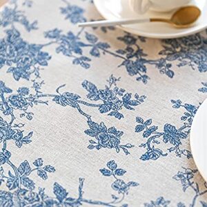 Wracra Cotton Linen Vintage Tablecloth Pastoral Floral Rustic Table Cloth Washable Table Cover for Indoor&Outdoor, Farmhouse Decor, Picnic,Tabletop Decoration (Blue Floral, Square 55"×55")