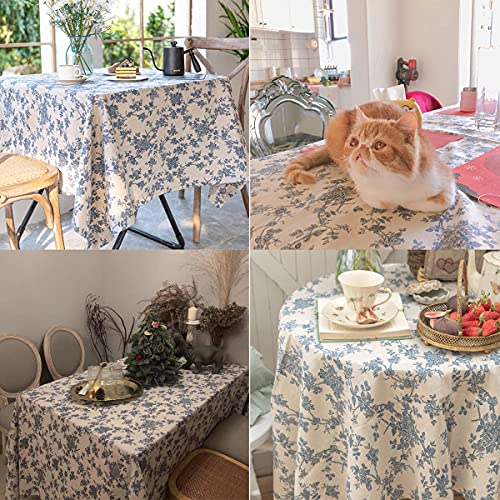 Wracra Cotton Linen Vintage Tablecloth Pastoral Floral Rustic Table Cloth Washable Table Cover for Indoor&Outdoor, Farmhouse Decor, Picnic,Tabletop Decoration (Blue Floral, Square 55"×55")