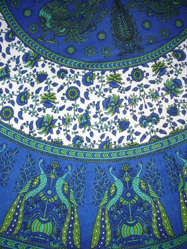 India Arts Floral Peacock Round Cotton Tablecloth 72" Blue