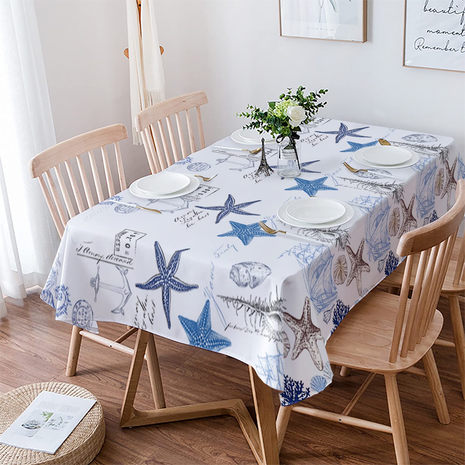 Rectangle Ocean Starfish Tablecloth Waterproof Stainproof Tablecloths,Undersea Shell Seahorse Beach Coastal Nautical Anchor Washable Polyester Table Cloth Wrinkle-Free Fabric Table Cover for Dining