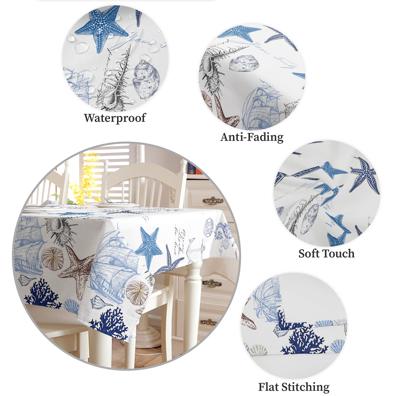 Rectangle Ocean Starfish Tablecloth Waterproof Stainproof Tablecloths,Undersea Shell Seahorse Beach Coastal Nautical Anchor Washable Polyester Table Cloth Wrinkle-Free Fabric Table Cover for Dining