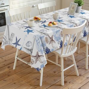 Rectangle Ocean Starfish Tablecloth Waterproof Stainproof Tablecloths,Undersea Shell Seahorse Beach Coastal Nautical Anchor Washable Polyester Table Cloth Wrinkle-Free Fabric Table Cover for Dining