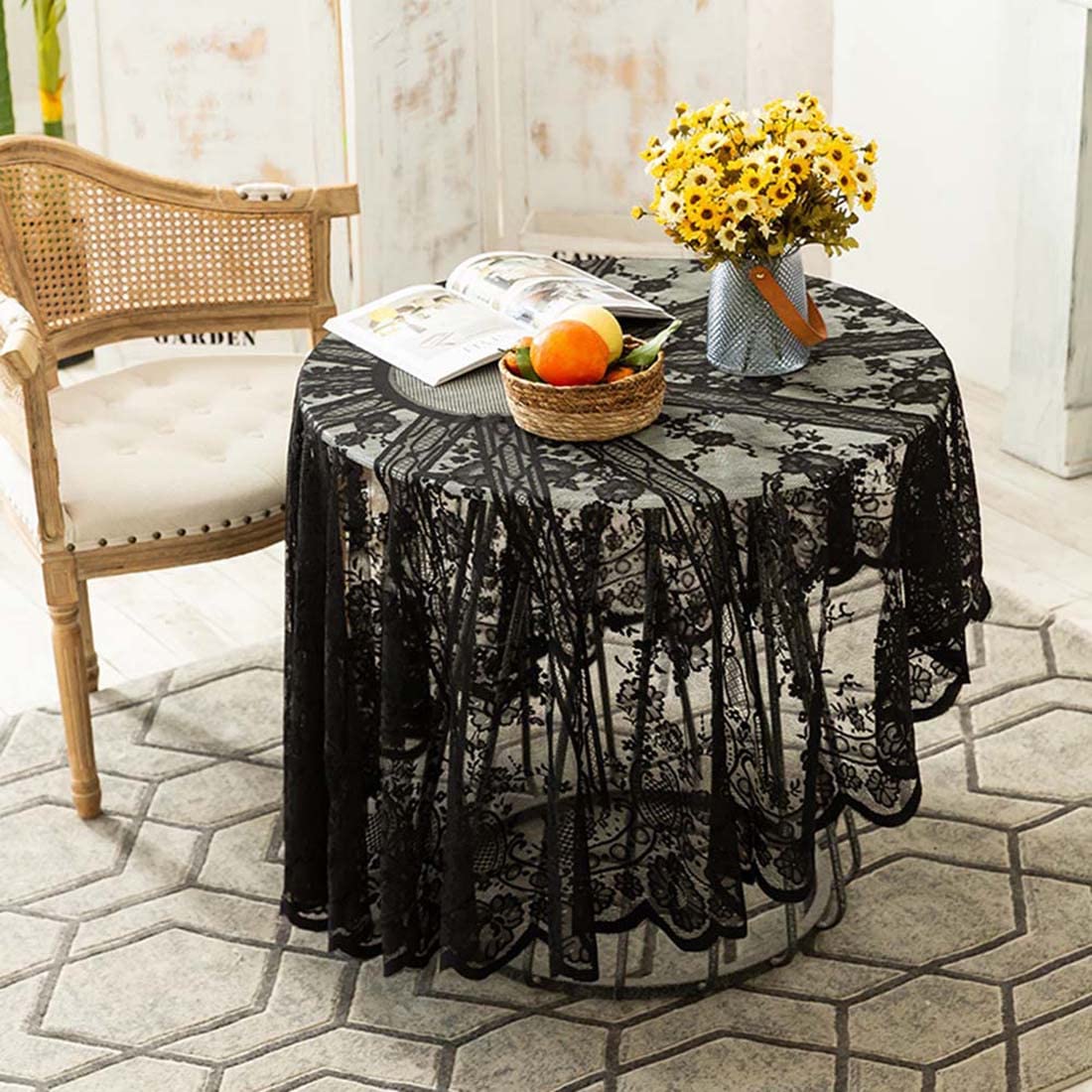 JAIJY Vintage 60 inch Black Lace Tablecloth Floral Embroidered Boho Shabby Chic Small Table Cover for Wedding Halloween Party Dinning Holiday, 1 Piece