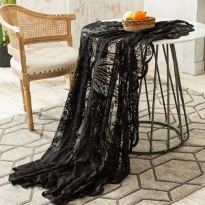 JAIJY Vintage 60 inch Black Lace Tablecloth Floral Embroidered Boho Shabby Chic Small Table Cover for Wedding Halloween Party Dinning Holiday, 1 Piece