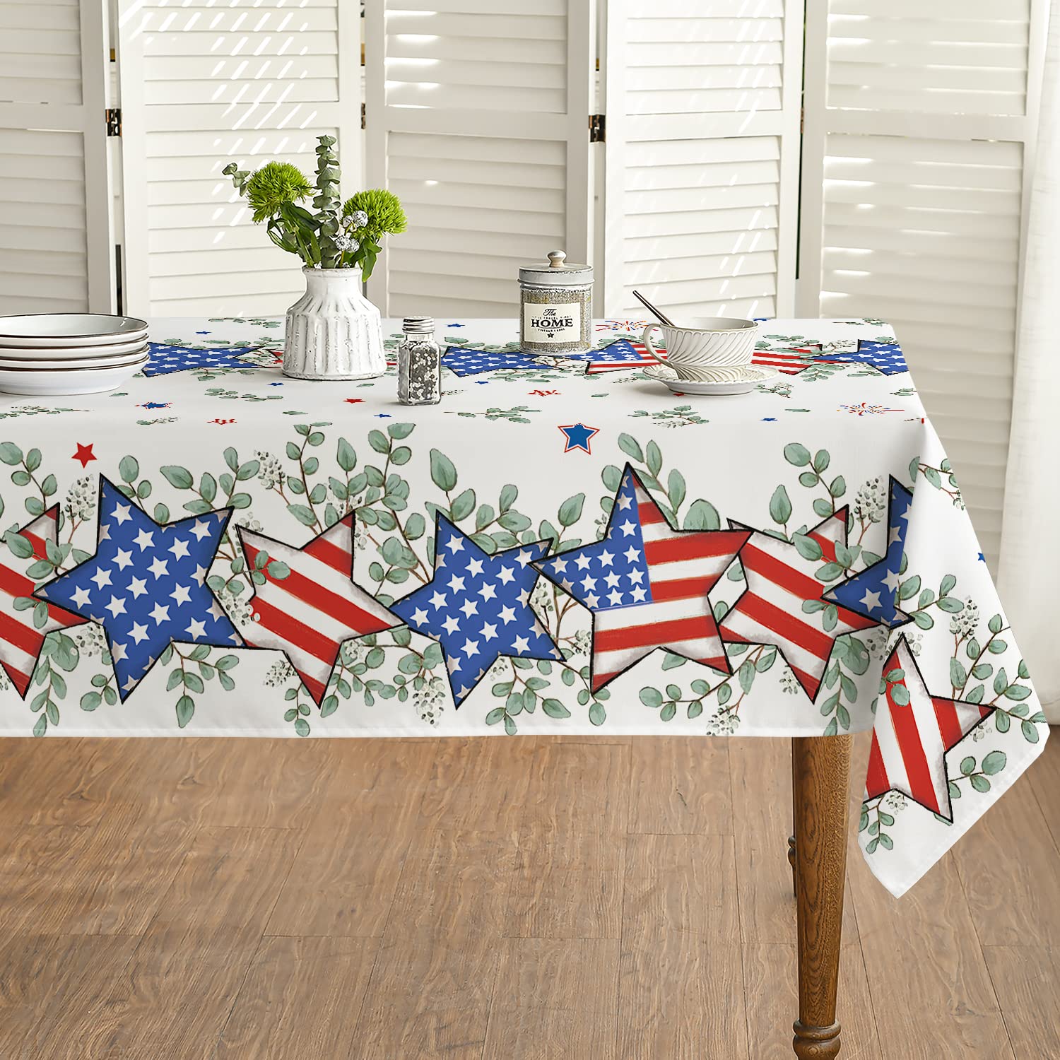 Horaldaily 4th of July Tablecloth 60x84 Inch, Patriotic Eucalyptus Star Independence Day Memorial Day Table Cover for Party Picnic Dinner Decor