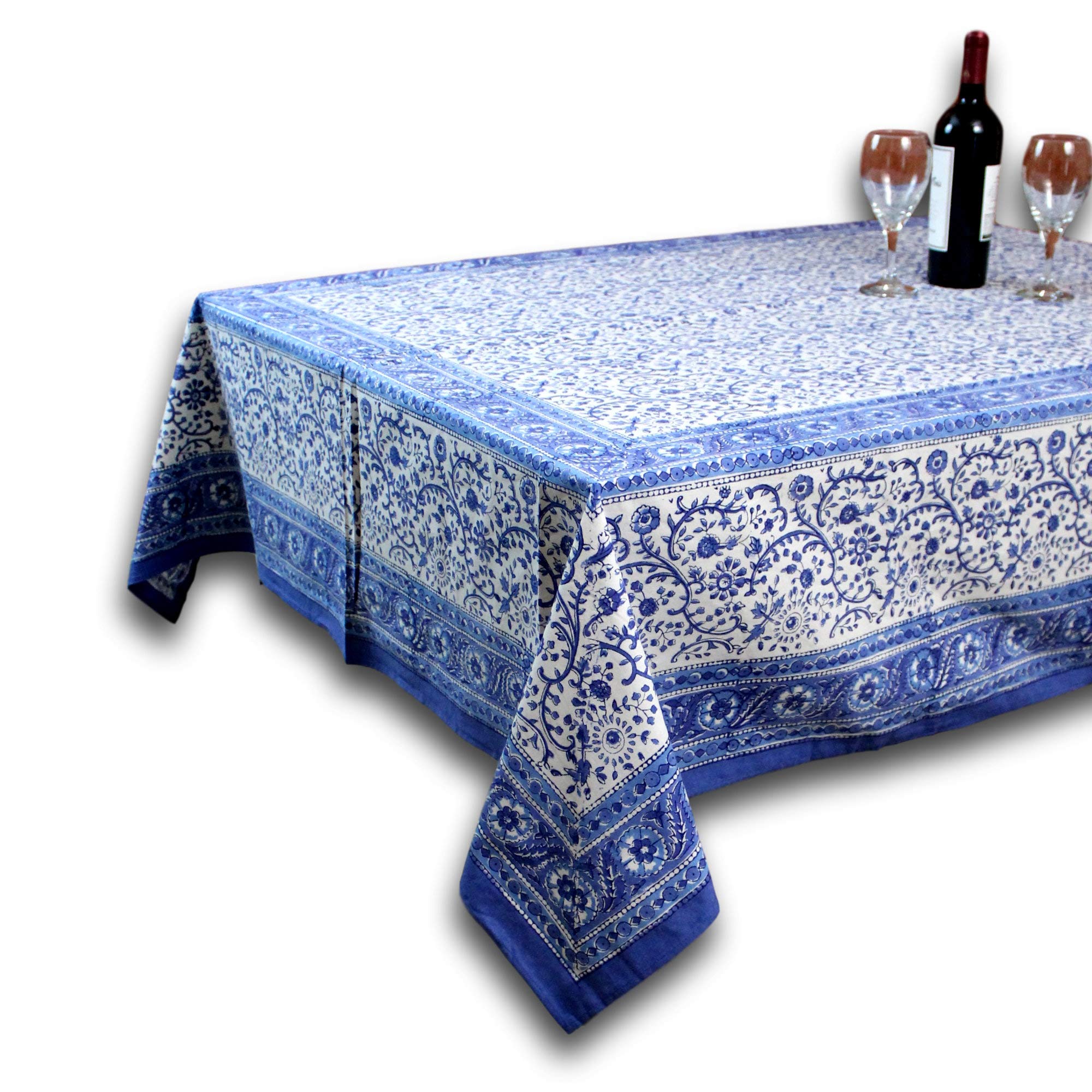 Homestead Rajasthan Block Print Cotton Tablecloth 90" x 60" Blue