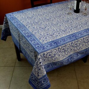 Homestead Rajasthan Block Print Cotton Tablecloth 90" x 60" Blue