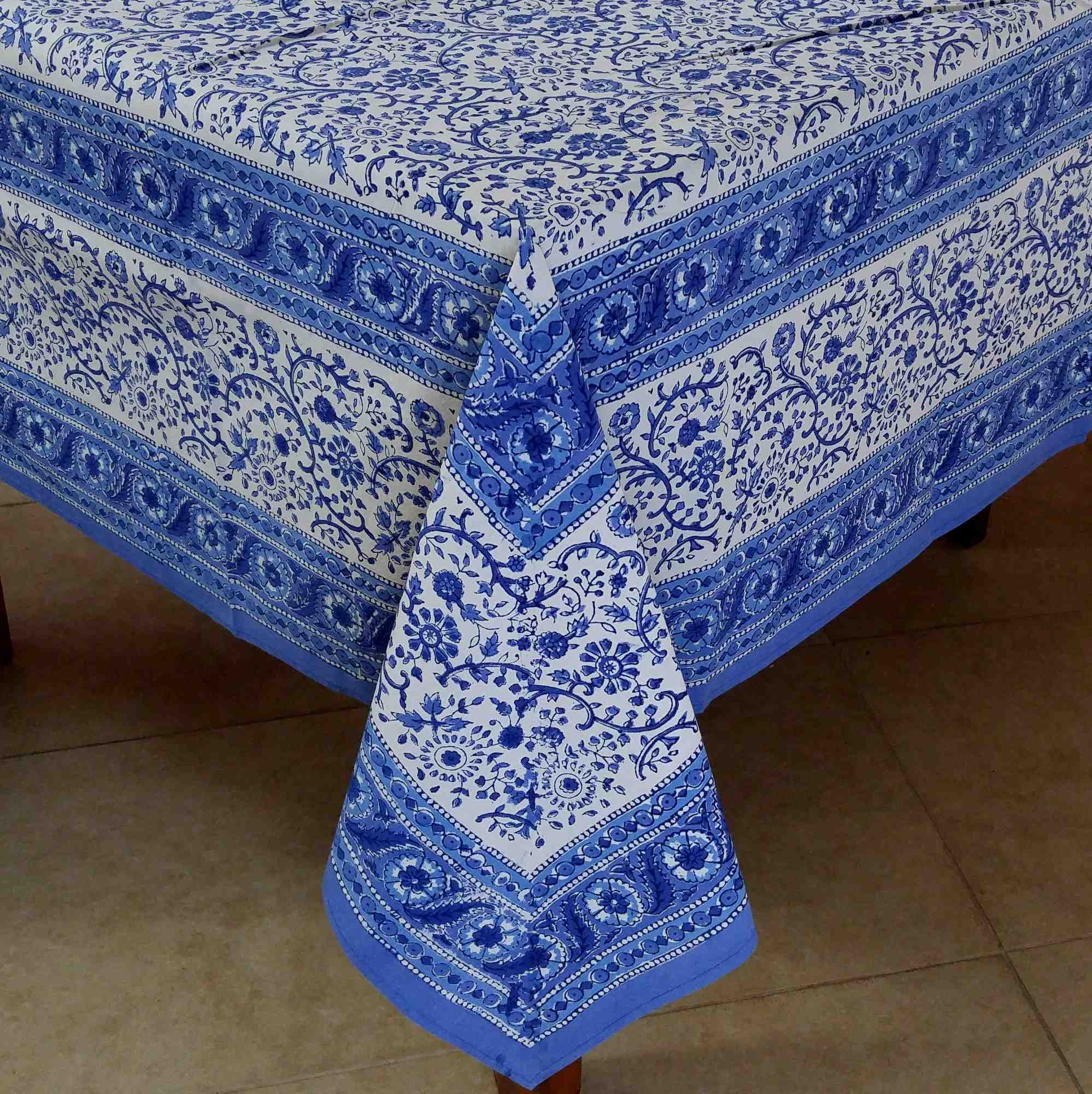 Homestead Rajasthan Block Print Cotton Tablecloth 90" x 60" Blue