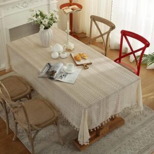 jaijy beige embroidered crochet hole tablecloth with tassels, boho stripe geometric tablecloth for party birthday dinning table cloth, rectangular 59"x80"