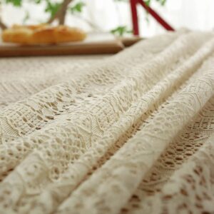 JAIJY Beige Embroidered Crochet Hole Tablecloth with Tassels, Boho Stripe Geometric Tablecloth for Party Birthday Dinning Table Cloth, Rectangular 59"x80"