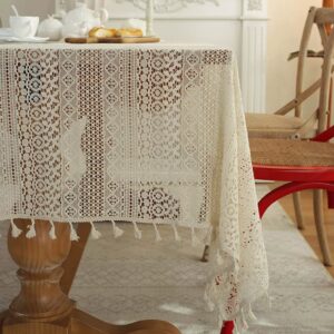 JAIJY Beige Embroidered Crochet Hole Tablecloth with Tassels, Boho Stripe Geometric Tablecloth for Party Birthday Dinning Table Cloth, Rectangular 59"x80"