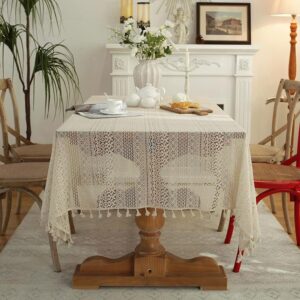 JAIJY Beige Embroidered Crochet Hole Tablecloth with Tassels, Boho Stripe Geometric Tablecloth for Party Birthday Dinning Table Cloth, Rectangular 59"x80"