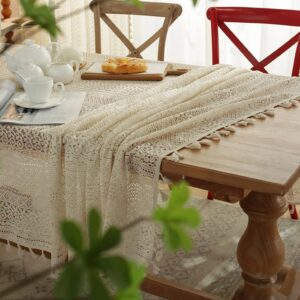 JAIJY Beige Embroidered Crochet Hole Tablecloth with Tassels, Boho Stripe Geometric Tablecloth for Party Birthday Dinning Table Cloth, Rectangular 59"x80"