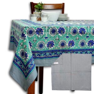 Sweet Us Floral Tablecloth for Rectangle Tables, Cotton Floral Kitchen Dining Table Cloth and Napkin Bundle, Table Linen White Gray Turquoise Blue, Table Cover for Indoors and Outdoors 70 x 104 in