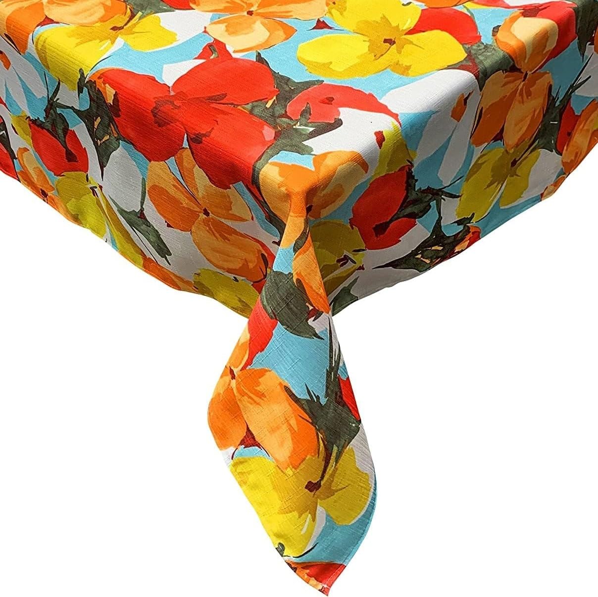 Kovot Floral Tablecloth - 60" x 84" - Washable Water-Resistant Indoor/Outdoor Table Cover for Spring, Summer, and Fall - Vibrant Orange and Yellow Flower Design - Rectangle/Oblong