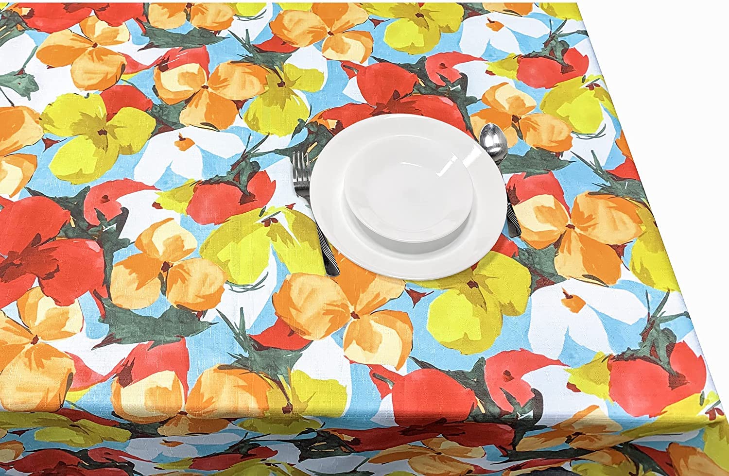 Kovot Floral Tablecloth - 60" x 84" - Washable Water-Resistant Indoor/Outdoor Table Cover for Spring, Summer, and Fall - Vibrant Orange and Yellow Flower Design - Rectangle/Oblong