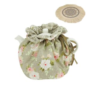 kkekos tea cozy cotton vintage floral tea cosy for teapots keep warm teapot cover insulated kettle cover for home kitchen decor tea cozies with cup mat (grey)