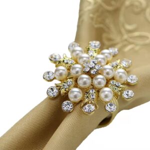 gold napkin rings set of 12 - golden rhinestone pearl napkin ring holders for wedding party, holiday casual & formal family dinner table decoration