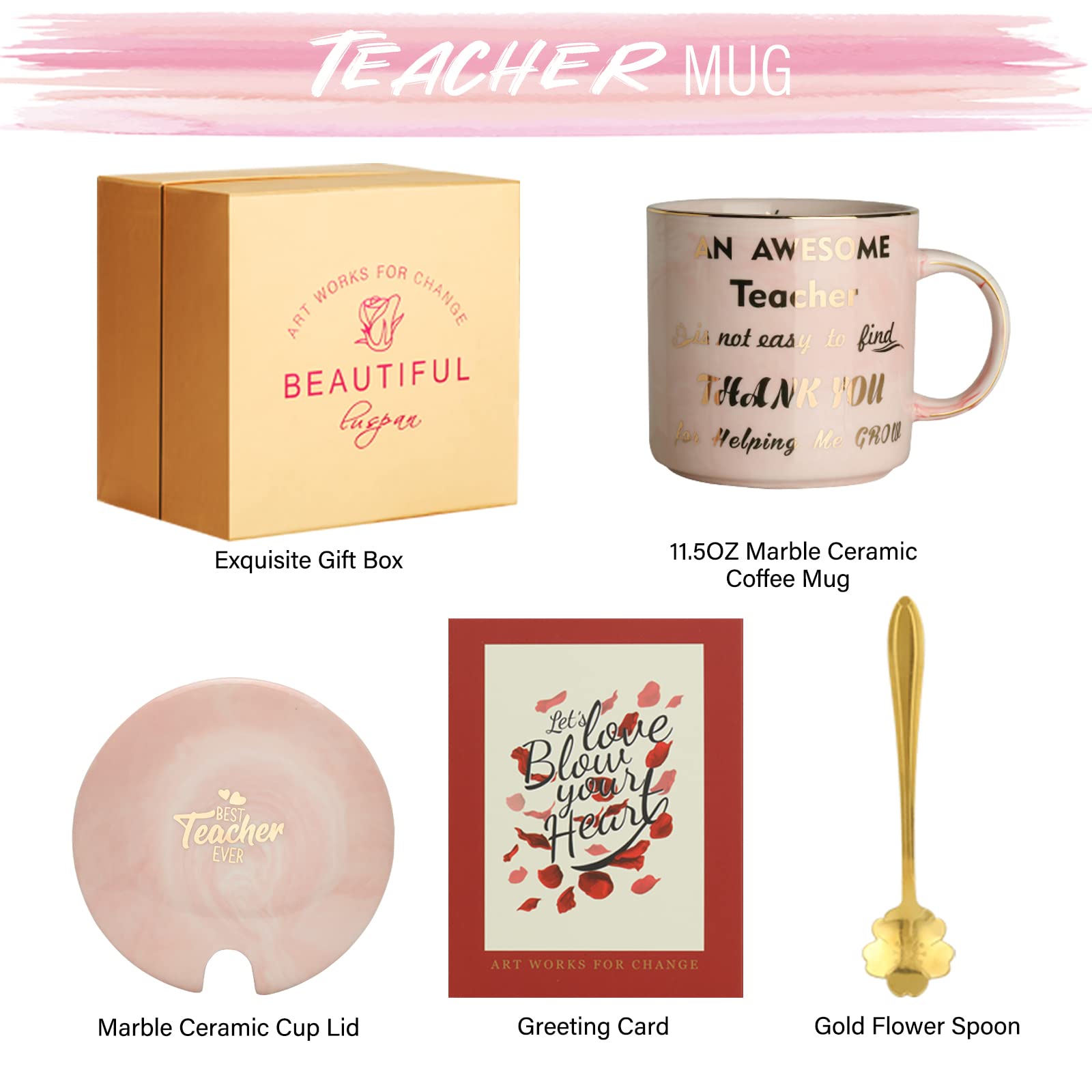 Duneach Luspan Teacher Gift - Teacher Appreciation Gifts - Best Gifts for Teachers - Best Teacher Gifts for Women - Pink Marble Ceramic Coffee Mugs 11.5oz and Lid