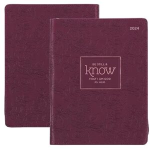 christian art gifts 2024 18 month women's vegan leather personal planner organizer w/zipper closure: be still & know inspirational bible verse, daily, weekly, monthly planning, maroon floral, large