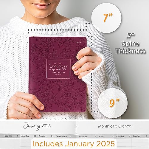 Christian Art Gifts 2024 18 Month Women's Vegan Leather Personal Planner Organizer w/Zipper Closure: Be Still & Know Inspirational Bible Verse, Daily, Weekly, Monthly Planning, Maroon Floral, Large