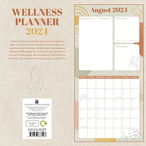 2024 Square Wall Calendar - Wellness Planner 12 x 12 Inch Monthly View, 16-Month, Art Theme, Includes 180 Reminder Stickers