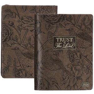 christian art gifts 2024 18 month women's large vegan leather personal planner organizer w/zipper closure: trust in the lord bible verse for daily, weekly, monthly planning, agenda, work, brown floral