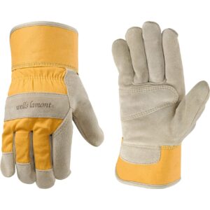 women's heavy duty leather palm work gloves with safety cuff (wells lamont 4113s), small , tan