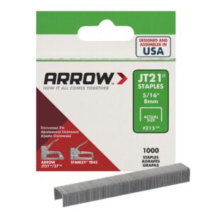 Arrow 215 JT21 Thin Wire Staples for Staple Guns and Staplers, Use for Upholstery, Crafts, General Repairs, 5/16-Inch Leg Length, 7/16-Inch Crown Width, 1000-Pack