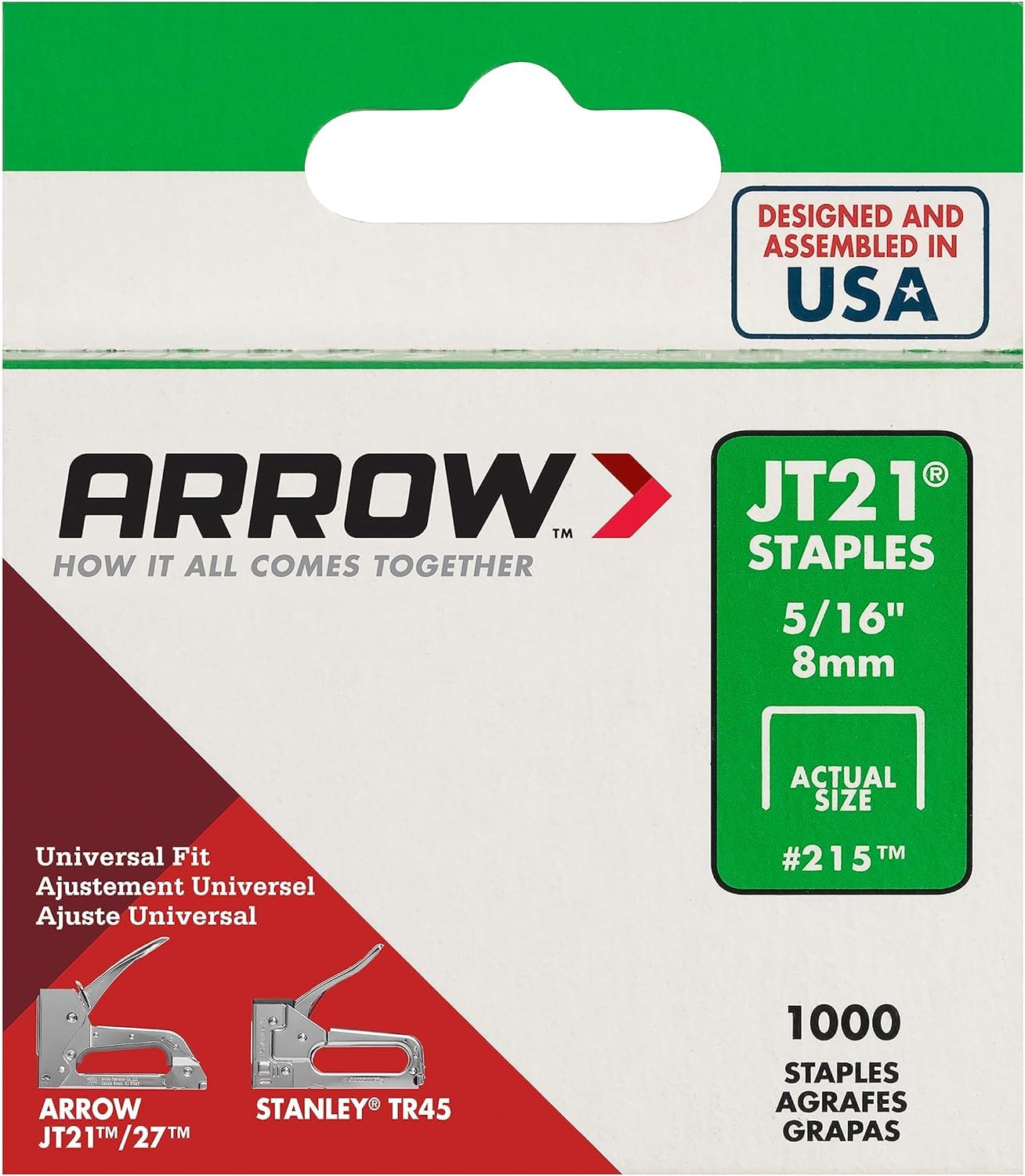 Arrow 215 JT21 Thin Wire Staples for Staple Guns and Staplers, Use for Upholstery, Crafts, General Repairs, 5/16-Inch Leg Length, 7/16-Inch Crown Width, 1000-Pack
