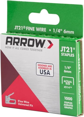 Arrow 214 JT21 Thin Wire Staples for Staple Guns and Staplers, Use for Upholstery, Crafts, General Repairs, 1/4-Inch Leg Length, 7/16-Inch Crown Width, 1000-Pack