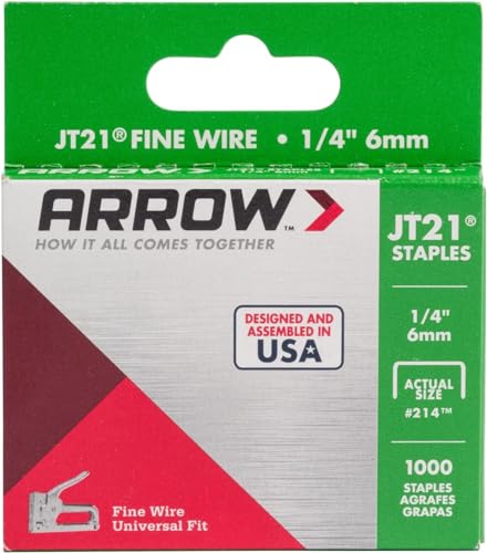 Arrow 214 JT21 Thin Wire Staples for Staple Guns and Staplers, Use for Upholstery, Crafts, General Repairs, 1/4-Inch Leg Length, 7/16-Inch Crown Width, 1000-Pack