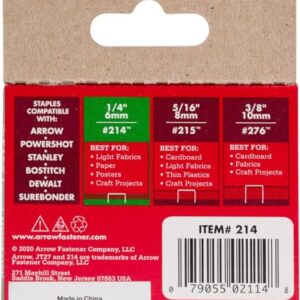 Arrow 214 JT21 Thin Wire Staples for Staple Guns and Staplers, Use for Upholstery, Crafts, General Repairs, 1/4-Inch Leg Length, 7/16-Inch Crown Width, 1000-Pack